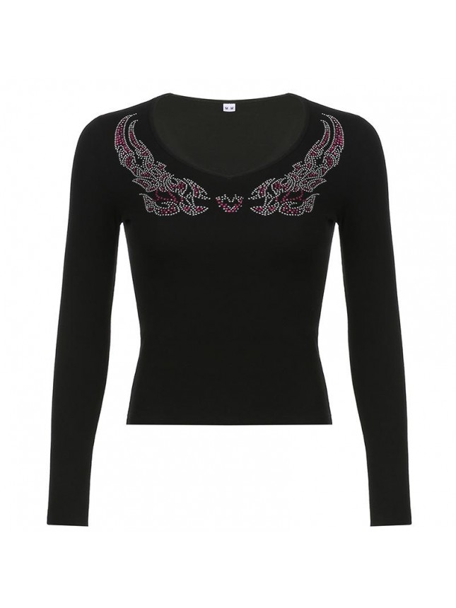 Printed hot diamond color V word collar bottoming shirt stuck long sleeve shirt