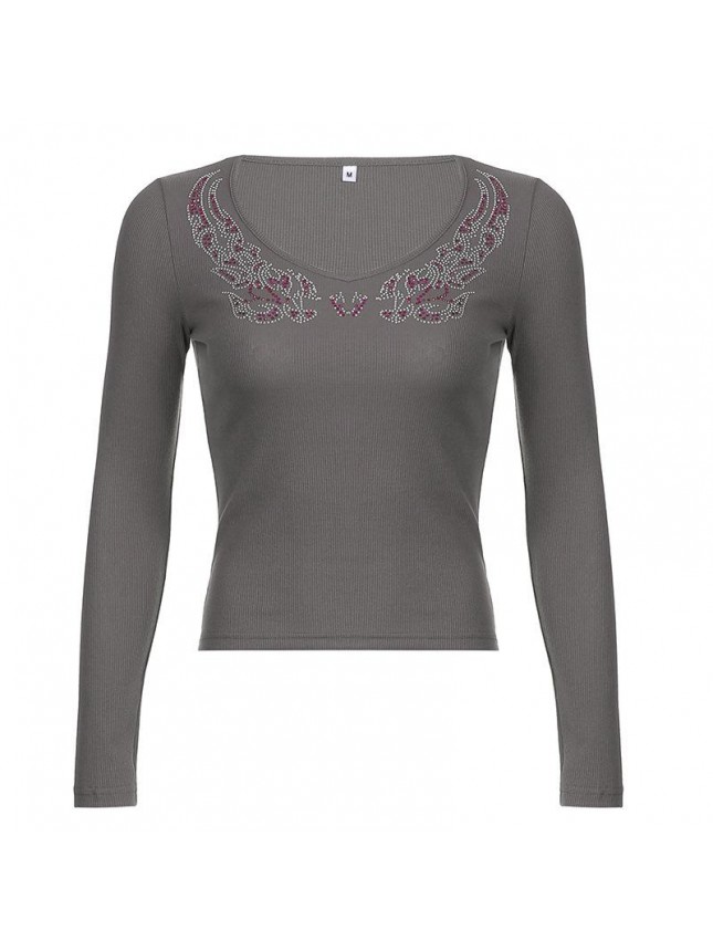 Printed hot diamond color V word collar bottoming shirt stuck long sleeve shirt
