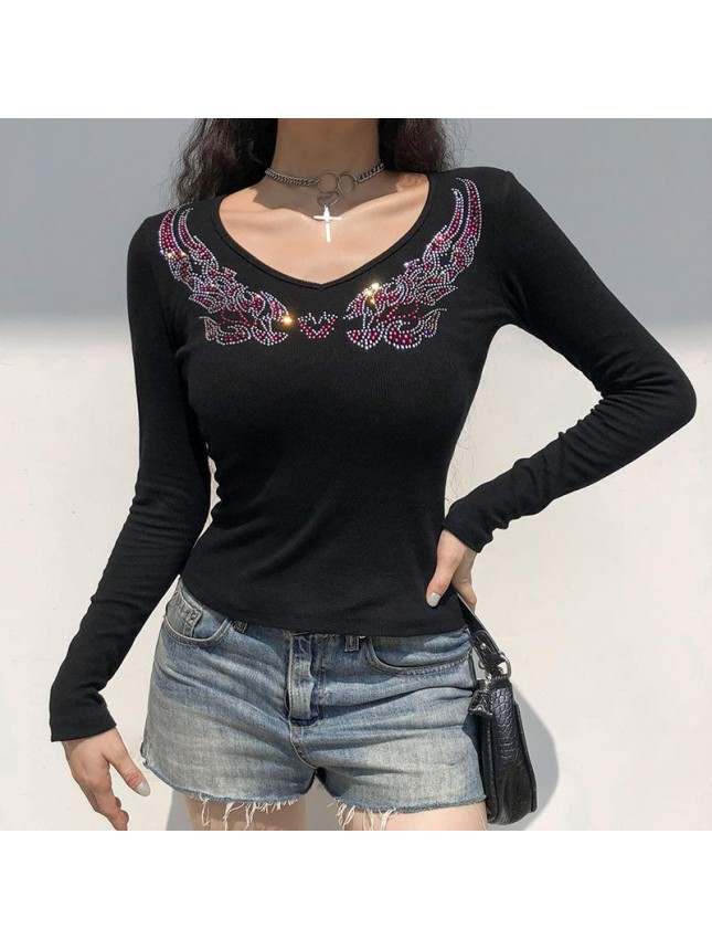 Printed hot diamond color V word collar bottoming shirt stuck long sleeve shirt