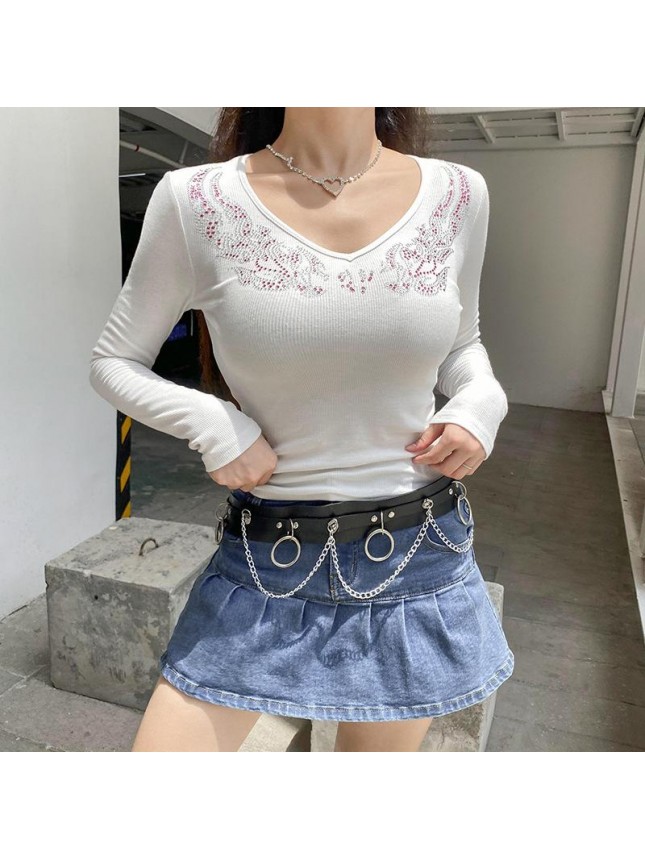 Printed hot diamond color V word collar bottoming shirt stuck long sleeve shirt