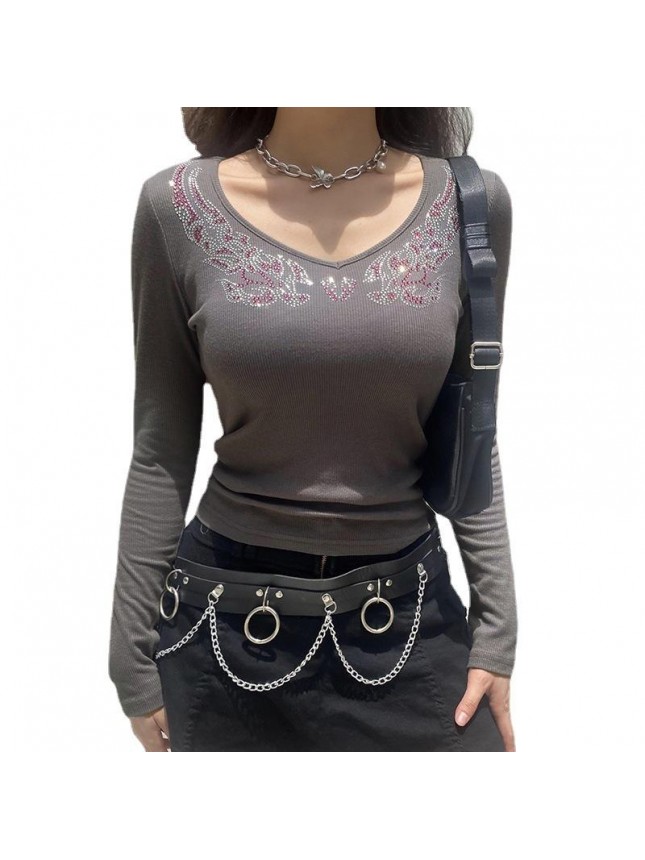 Printed hot diamond color V word collar bottoming shirt stuck long sleeve shirt