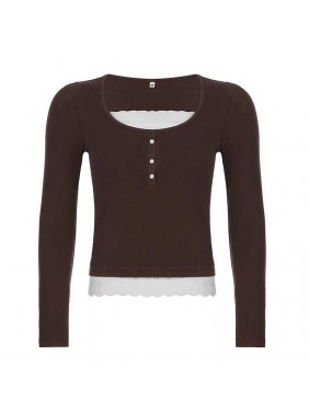 Black wide low chest lace long sleeve shirt