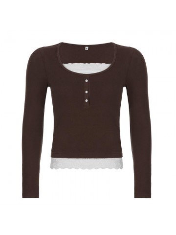 Black wide low chest lace long sleeve shirt