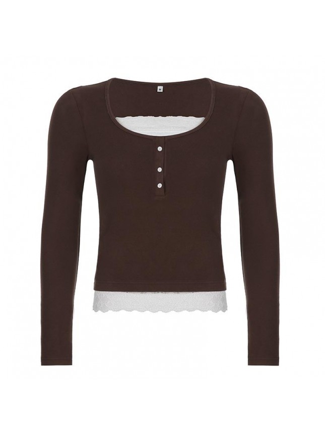 Black wide low chest lace long sleeve shirt