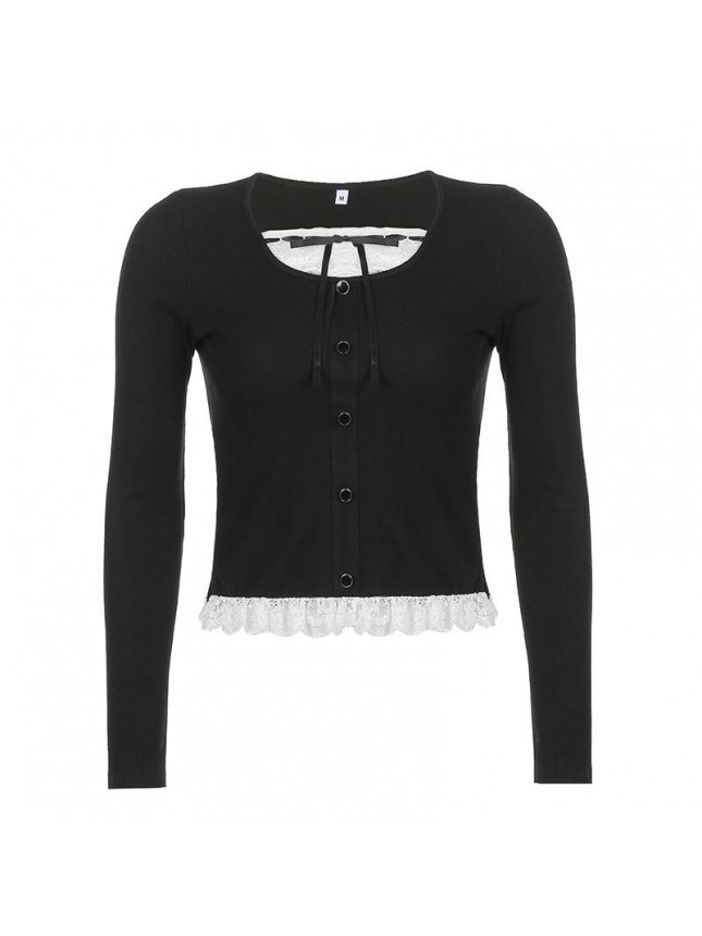 Black wide low chest lace long sleeve shirt