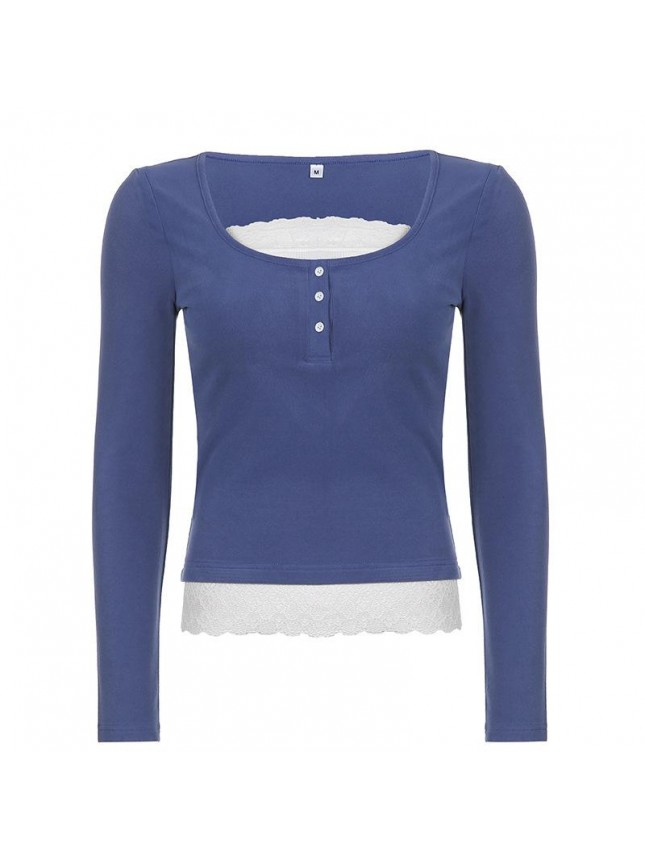 Black wide low chest lace long sleeve shirt