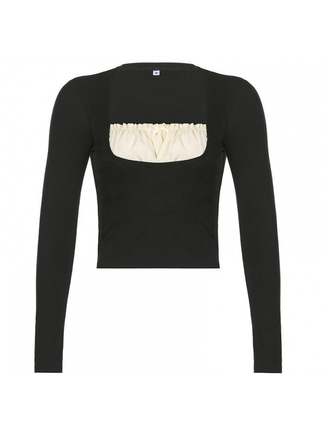 Black wide low chest lace long sleeve shirt