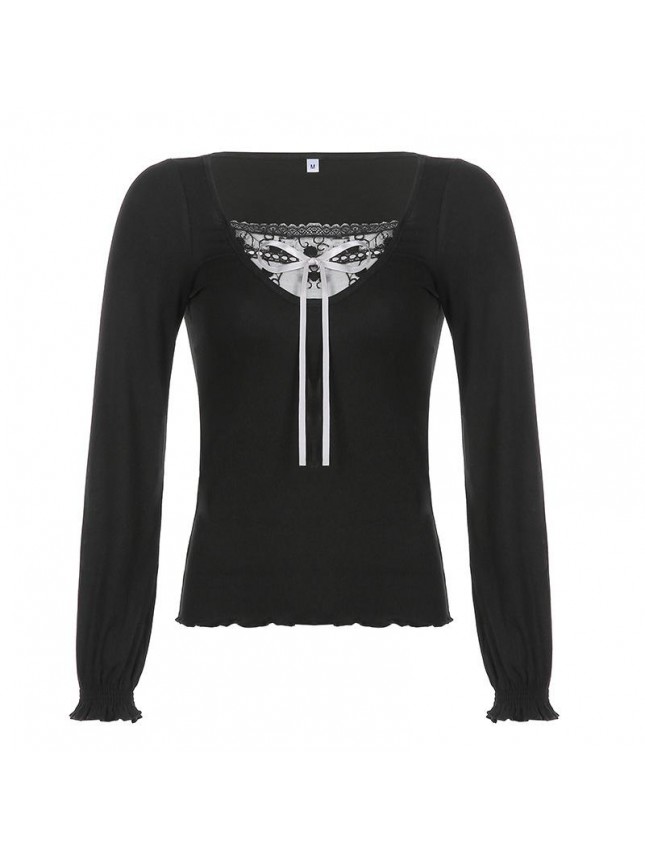Black wide low chest lace long sleeve shirt