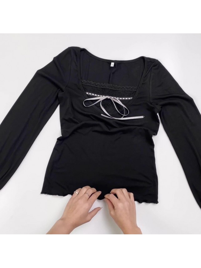 Black wide low chest lace long sleeve shirt