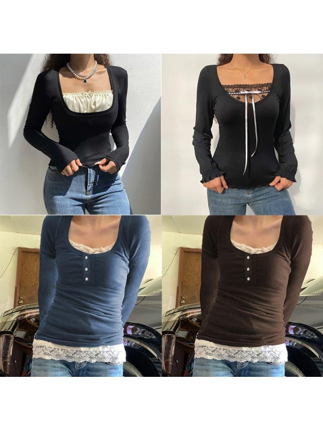 Black wide low chest lace long sleeve shirt