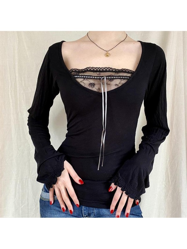 Black wide low chest lace long sleeve shirt