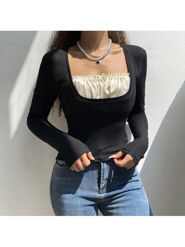 Black wide low chest lace long sleeve shirt