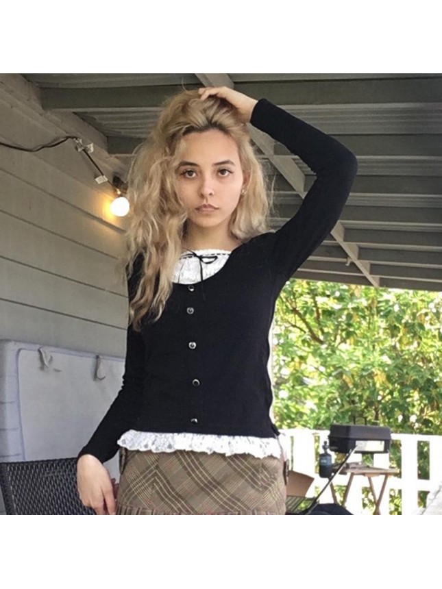 Black wide low chest lace long sleeve shirt