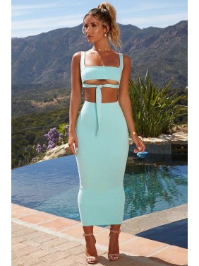 High Waist Tie Front Bodycon Maxi Two Piece Dress – Light Blue