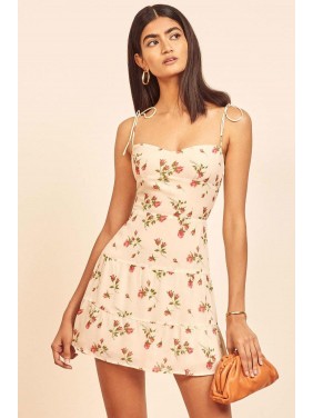 Flutter Floral Print Spaghetti Strap Chiffon Slip Mini Dress – Cream