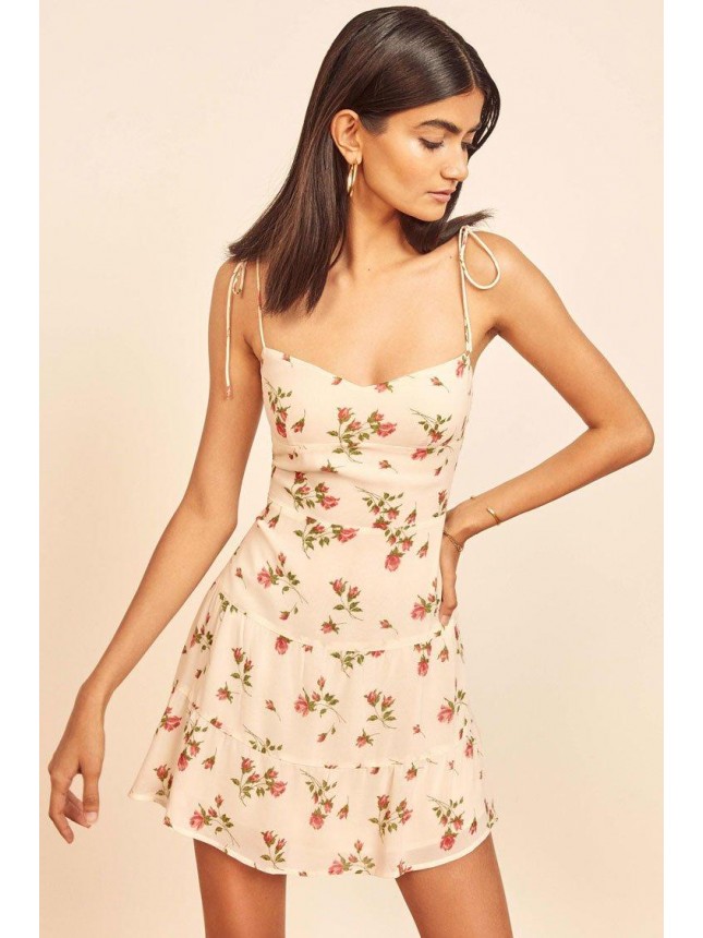Flutter Floral Print Spaghetti Strap Chiffon Slip Mini Dress – Cream