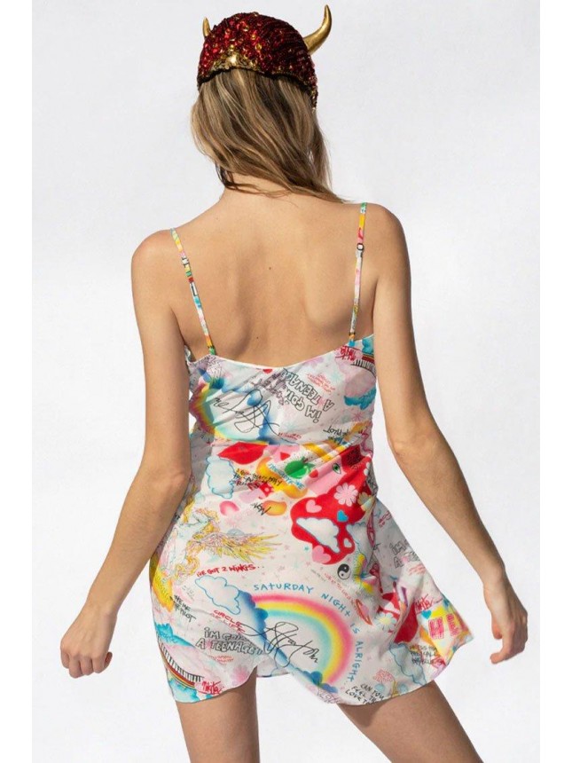 Graffiti Print Cowl Neck Spaghetti Strap Slip Mini Dress – Multicolor