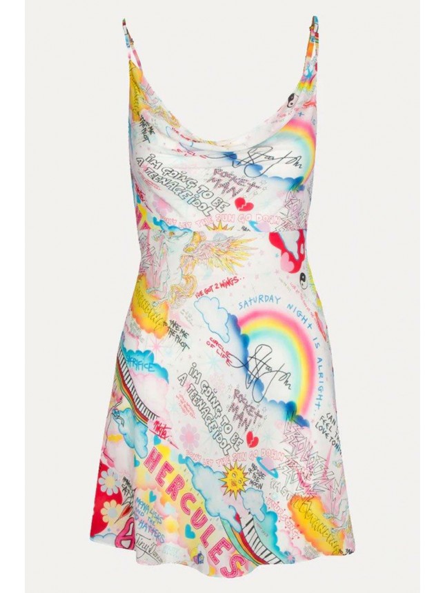 Graffiti Print Cowl Neck Spaghetti Strap Slip Mini Dress – Multicolor