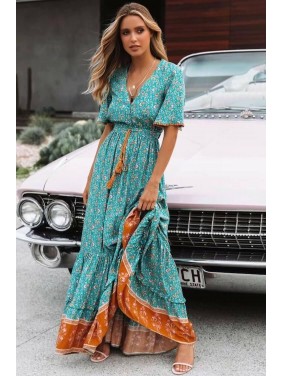 Short Sleeve High Waist Maxi Boho Chic Dress – Green