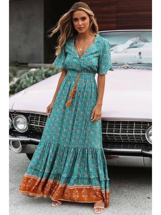 Short Sleeve High Waist Maxi Boho Chic Dress – Green