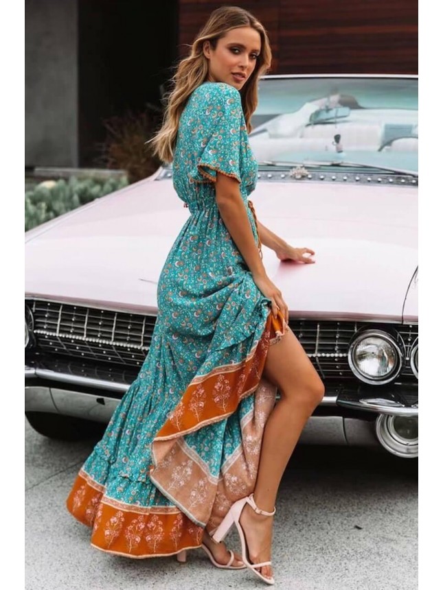 Short Sleeve High Waist Maxi Boho Chic Dress – Green