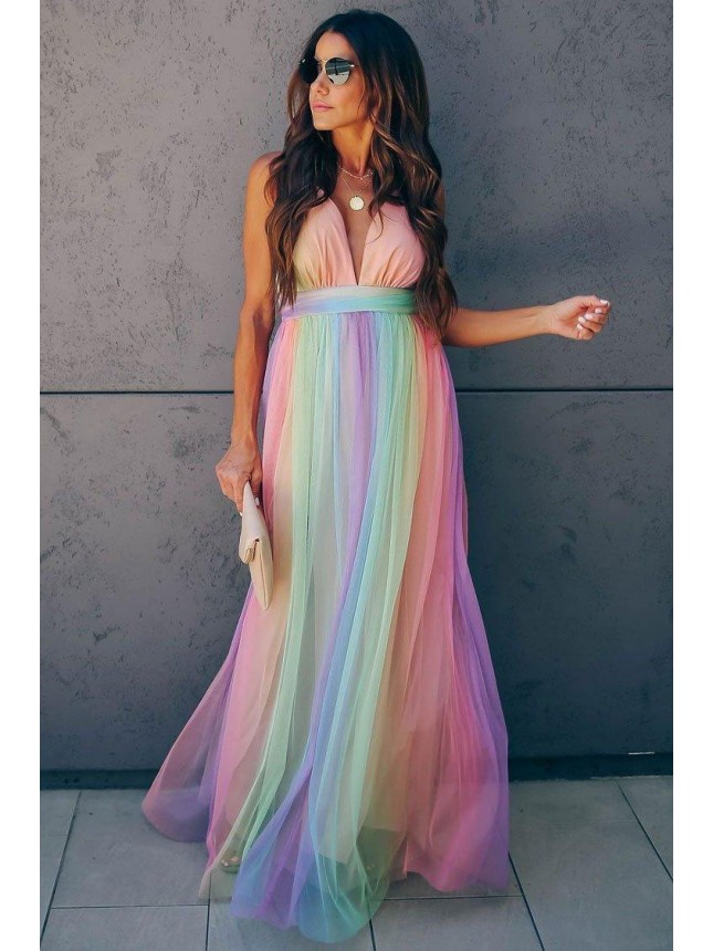 Rainbow Striped Maxi Boho Style Dress – Multicolor