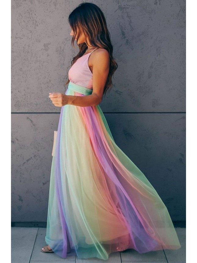 Rainbow Striped Maxi Boho Style Dress – Multicolor