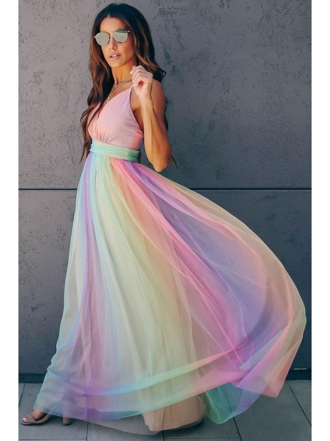 Rainbow Striped Maxi Boho Style Dress – Multicolor