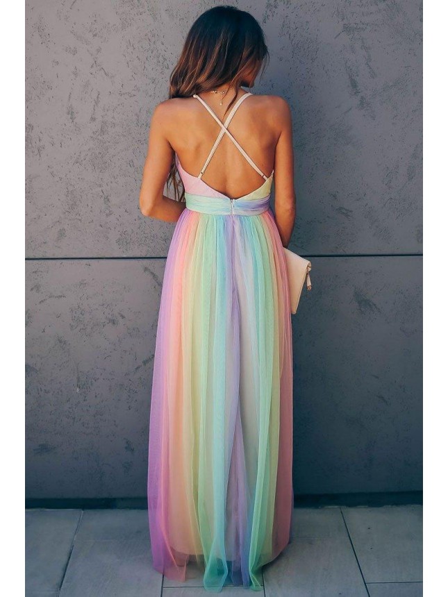 Rainbow Striped Maxi Boho Style Dress – Multicolor