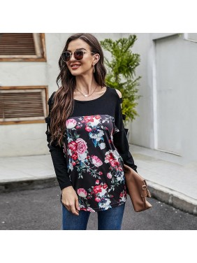 Top splicing long sleeved T shirt loose print