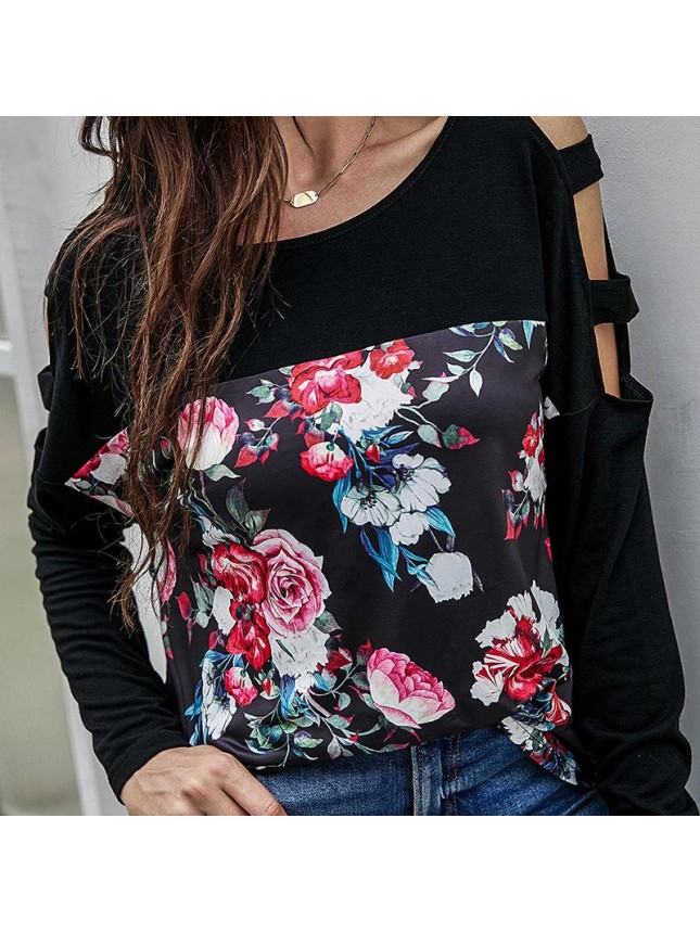 Top splicing long sleeved T shirt loose print