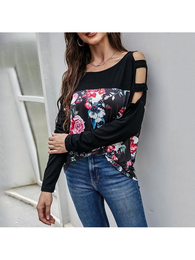 Top splicing long sleeved T shirt loose print
