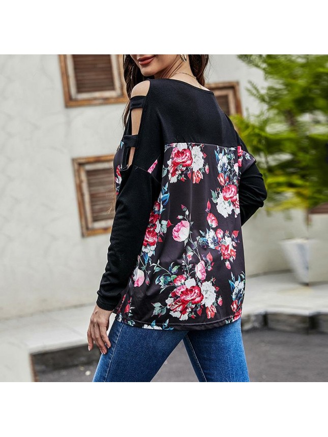 Top splicing long sleeved T shirt loose print