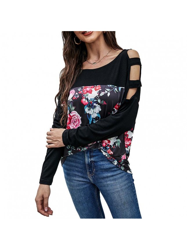 Top splicing long sleeved T shirt loose print