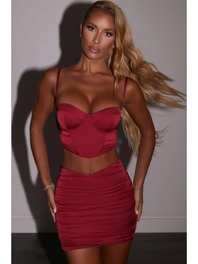 Silky Satin High Waist Bustier Mini Two Piece Dress – Red