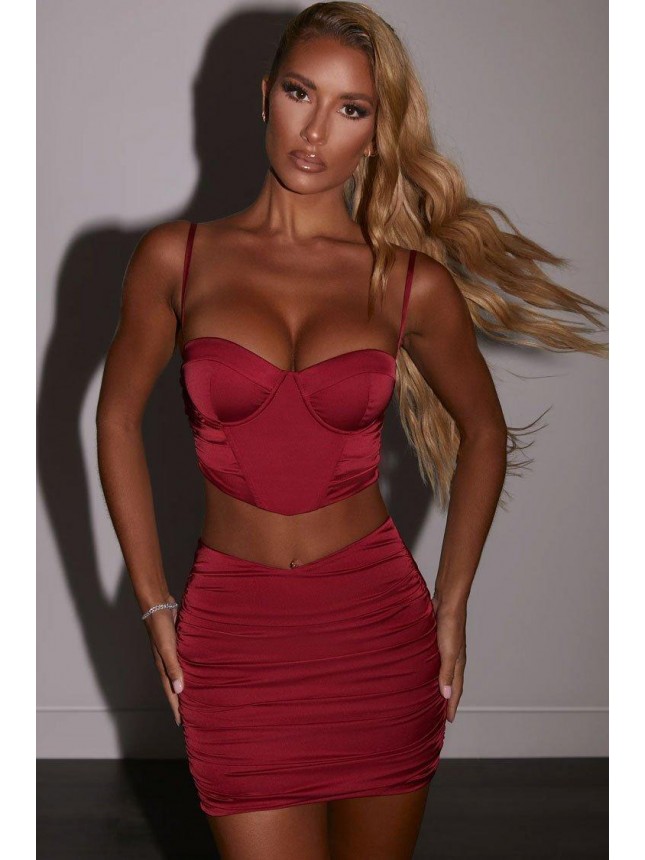 Silky Satin High Waist Bustier Mini Two Piece Dress – Red