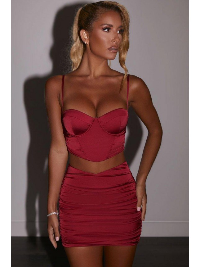 Silky Satin High Waist Bustier Mini Two Piece Dress – Red