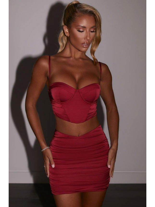 Silky Satin High Waist Bustier Mini Two Piece Dress – Red