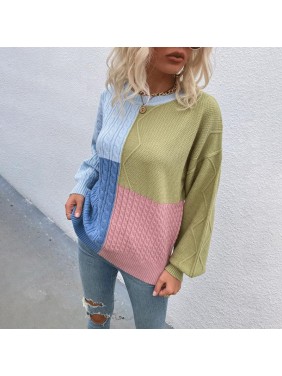 Square splicing sweater twist lantern sleeve fashion outfits