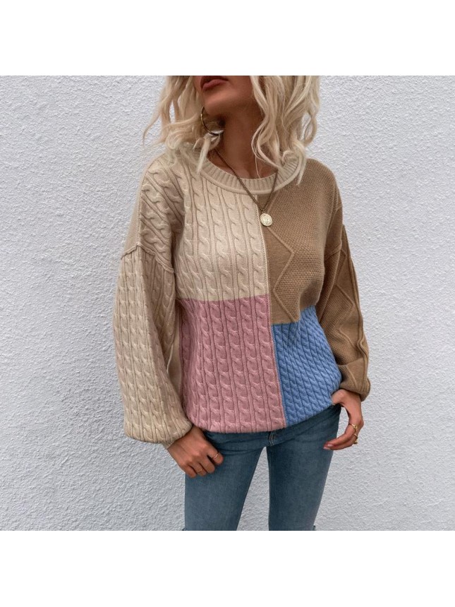 Square splicing sweater twist lantern sleeve fashion outfits