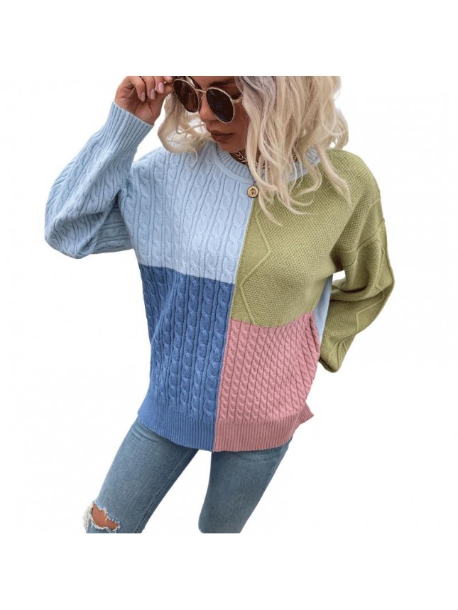 Square splicing sweater twist lantern sleeve fashion outfits