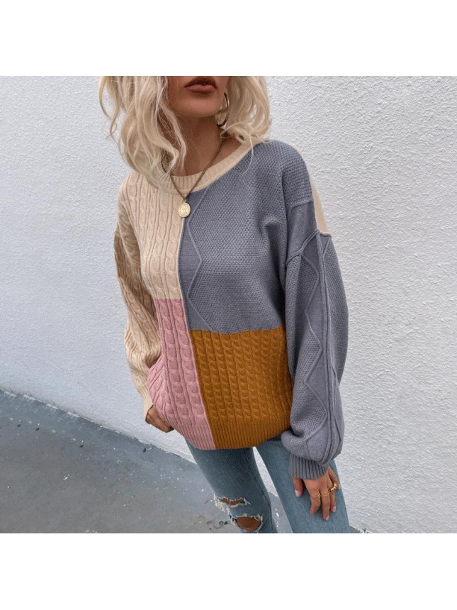 Square splicing sweater twist lantern sleeve fashion outfits
