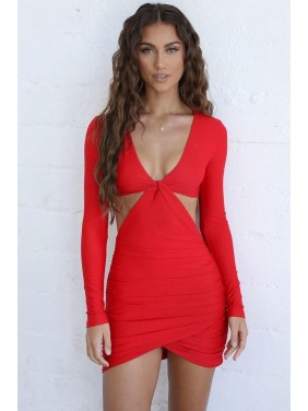 Long Sleeve Cut Out V Neck Ruched Bodycon Mini Dress – Red