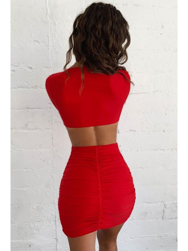 Long Sleeve Cut Out V Neck Ruched Bodycon Mini Dress – Red