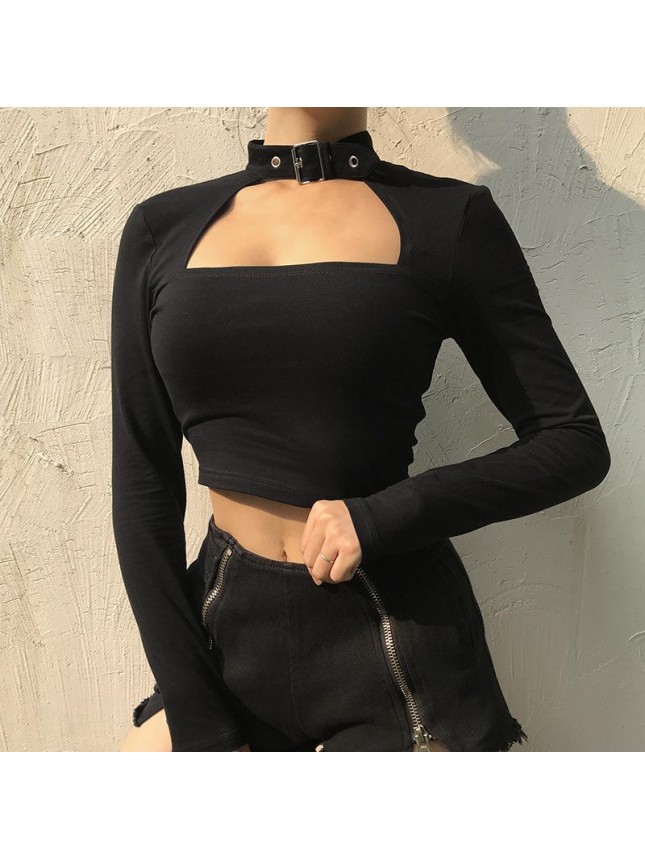 Heavy work series metal ring hollow short long sleeve T shirt