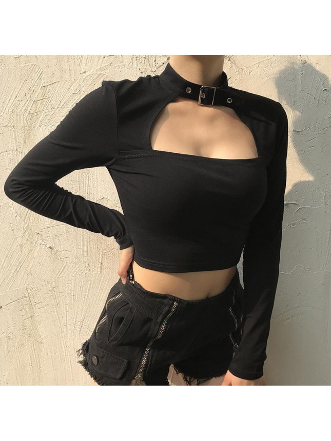 Heavy work series metal ring hollow short long sleeve T shirt