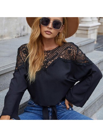 Black lace hollow top cover tumbling t shirt long sleeve