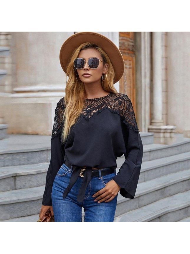 Black lace hollow top cover tumbling t shirt long sleeve