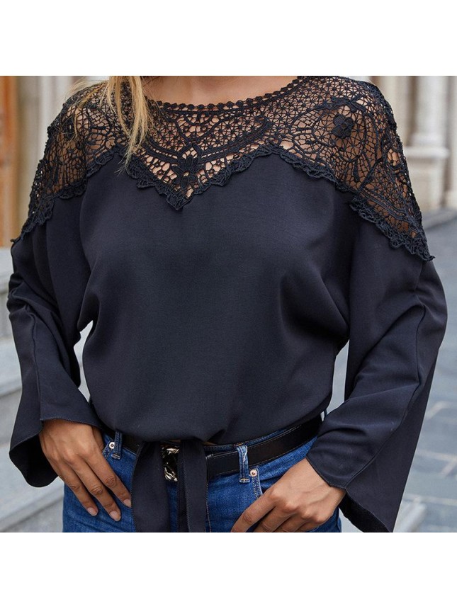 Black lace hollow top cover tumbling t shirt long sleeve