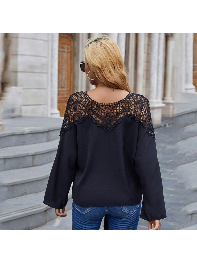 Black lace hollow top cover tumbling t shirt long sleeve